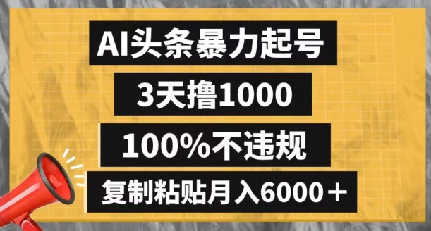 AI头条暴力起号,3天撸1000,100%不违规,复制粘贴月入6000+【揭秘】插图 AI头条暴力起号,3天撸1000,100%不违规,复制粘贴月入6000+【揭秘】